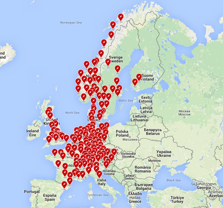 Carte du réseau européen de Superchargeur de Tesla
